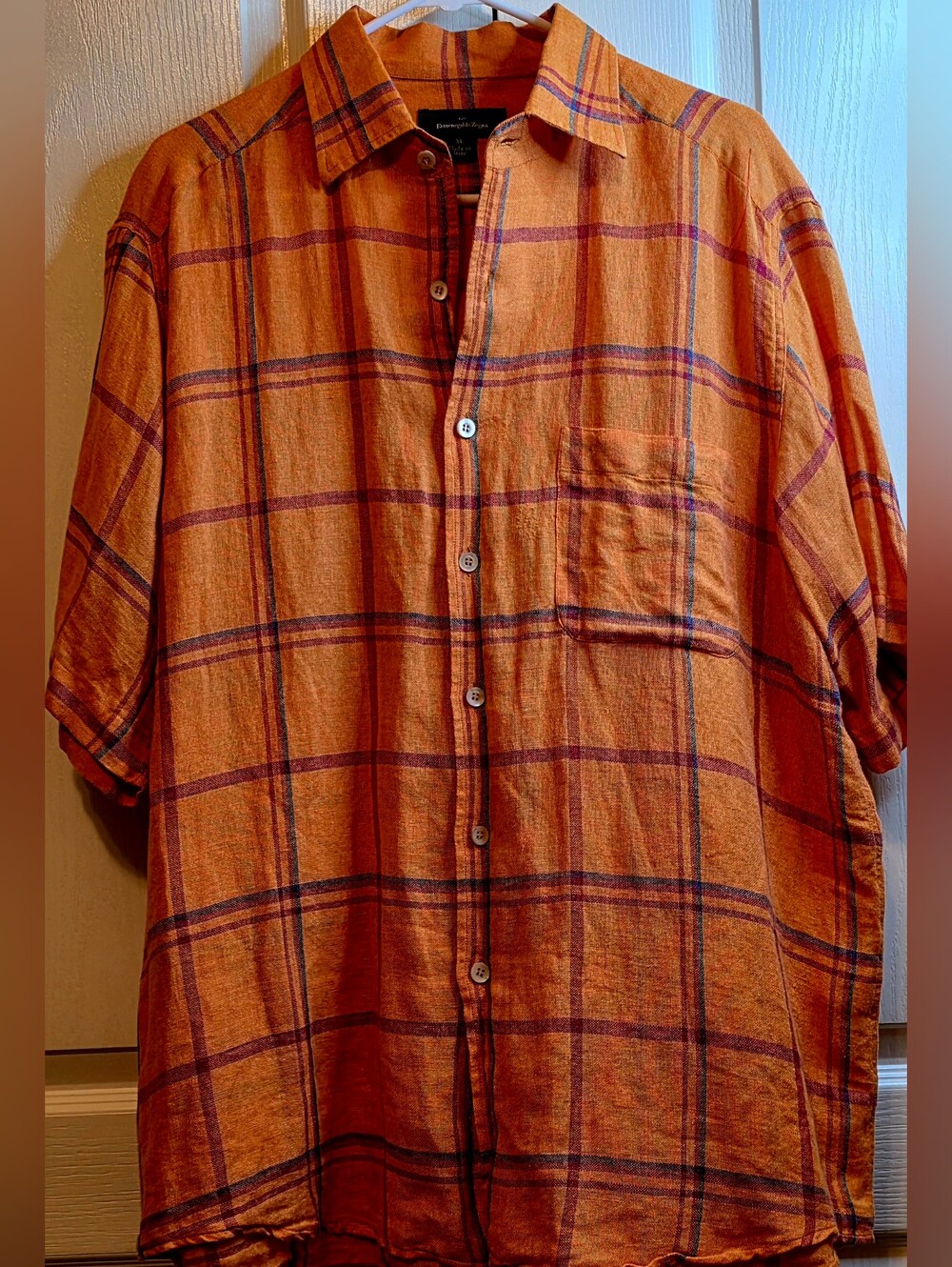 Ermenegildo Zegna Linen Orange Plaid Short-Sleeve Button-Down Shirt